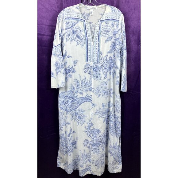 S Oscar De La Renta Cotton Night Gown Lounge Blue White Paisley Boho Maxi Pocket